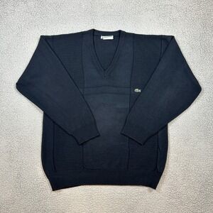 Vintage Chemise Lacoste Sweater V Neck Black Ribbed Logo Mens 2XL Made In France